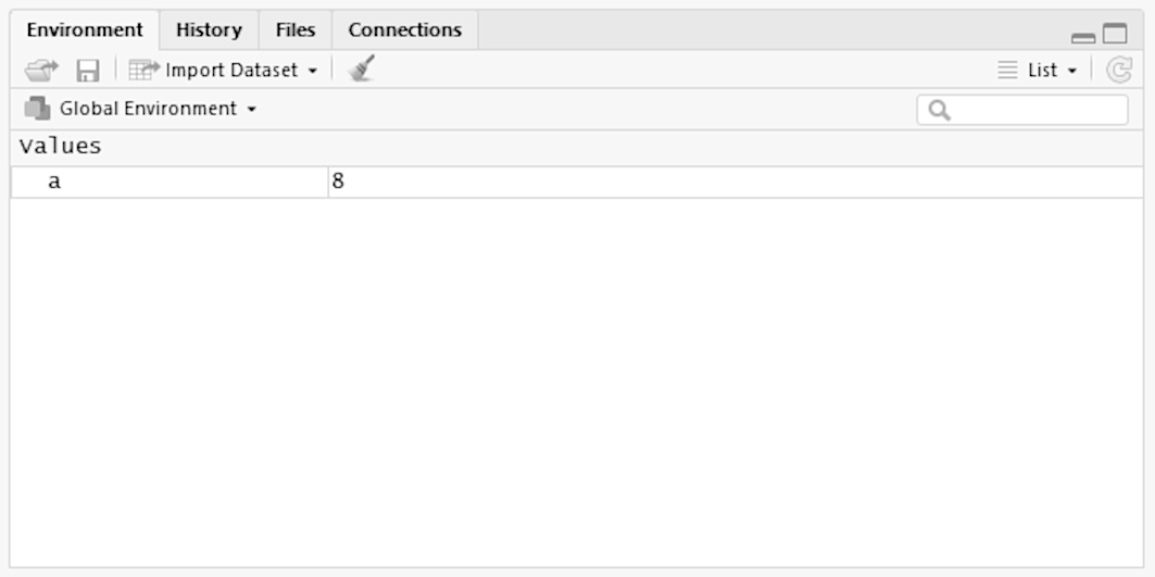  Pannello Environment di RStudio