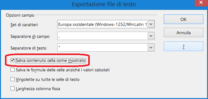 Esporta i dati da Calc